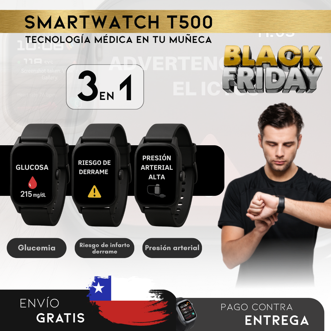 BLACK FRIDAY: SmartWatch T500 – Monitor Médico 3 en 1 (Glucosa, Presión, Riesgo de ACV) | Menú en español