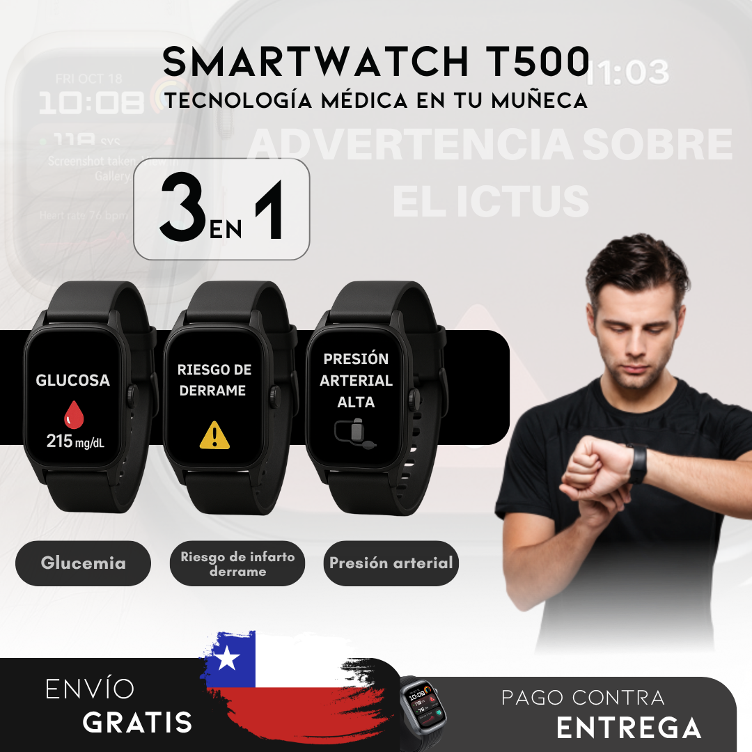 SmartWatch T500 – Monitor Médico 3 en 1 (Glucosa, Presión, Riesgo de ACV) | Menú en español